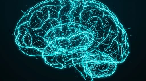 AI brain visualization — glowing cyan neural network